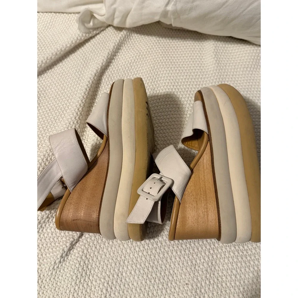 Paloma Barcelo Womens Leather Platform Wedge Sandals Cream Tan Made in Spain